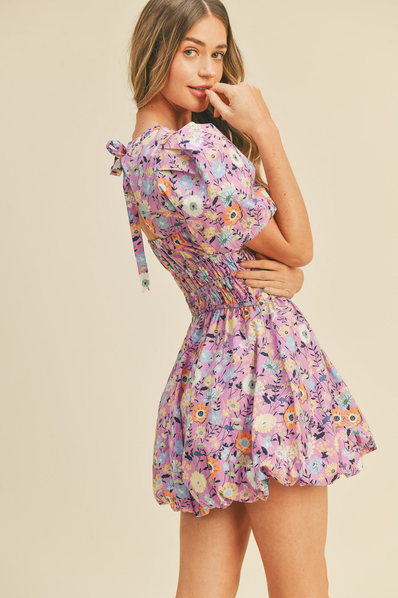 Purple Multi Floral Print Bubble Hem Mini Dress