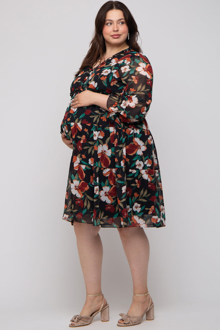 Black Floral Ruffle V-Neck Maternity Plus Dress