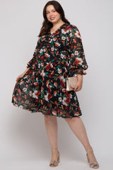 Black Floral Ruffle V-Neck Maternity Plus Dress