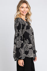 Black Floral V-Neck Long Sleeve Blouse