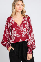 Burgundy Floral V-Neck Long Sleeve Blouse