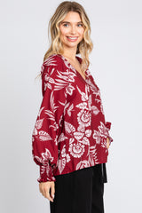 Burgundy Floral V-Neck Long Sleeve Blouse