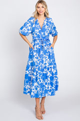 Blue Floral Button Up Puff Sleeve Midi Dress