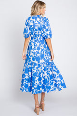 Blue Floral Button Up Puff Sleeve Midi Dress