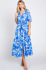 Blue Floral Button Up Puff Sleeve Midi Dress