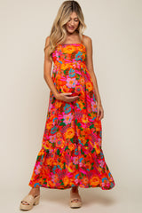 Orange Floral Back Tie Maternity Maxi Dress