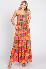 Orange Floral Back Tie Maternity Maxi Dress