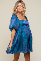 Teal Leopard Print Puff Sleeve Maternity Dress