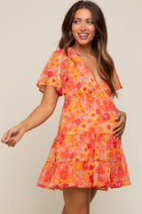 Orange Floral Chiffon Flutter Short Sleeve Lace-Up Back Maternity Dress