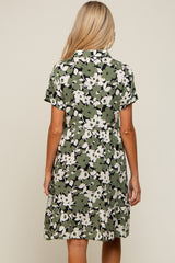 Green Floral Button Front Collared Ruffle Hem Maternity Dress