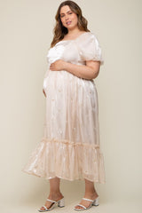 Cream Floral Embroidered Puff Sleeve Plus Maternity Maxi Dress