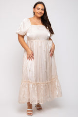 Cream Floral Embroidered Puff Sleeve Plus Maternity Maxi Dress