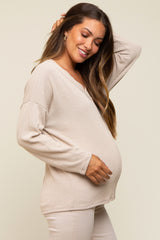 Taupe Ribbed V-Neck Long Sleeve Maternity Top