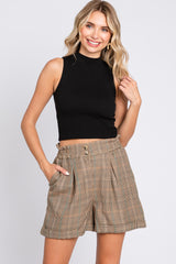 Camel Checkered Pleated Maternity Shorts