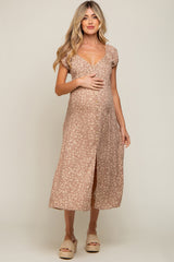 Beige Leopard Button Front Maternity Midi Dress