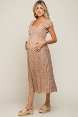 Beige Leopard Button Front Maternity Midi Dress