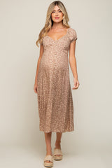 Beige Leopard Button Front Maternity Midi Dress