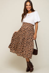 Brown Floral Smocked Maternity Midi Skirt