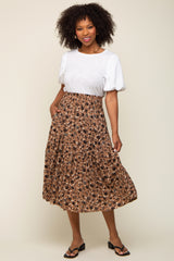 Brown Floral Smocked Maternity Midi Skirt