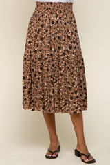 Brown Floral Smocked Midi Skirt