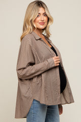 Mocha Striped Button Front Collared Long Sleeve Maternity Top