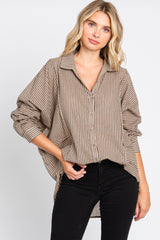 Mocha Striped Button Front Collared Long Sleeve Maternity Top