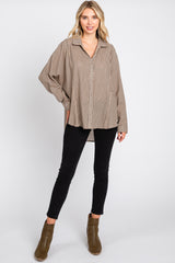 Mocha Striped Button Front Collared Long Sleeve Top