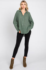 Olive Striped Button Front Collared Long Sleeve Top