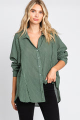 Olive Striped Button Front Collared Long Sleeve Top