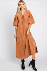 Rust Lace Up 3/4 Sleeve Side Slit Maxi Dress