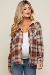 Rust Plaid Button Front Hooded Maternity Top