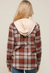 Rust Plaid Button Front Hooded Maternity Top