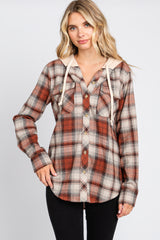 Rust Plaid Button Front Hooded Maternity Top