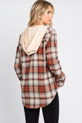 Rust Plaid Button Front Hooded Top