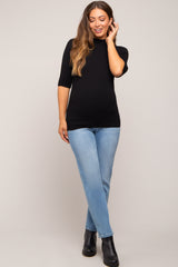 Black Mock Neck Short Sleeve Knit Maternity Top