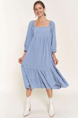 Blue Striped 3/4 Cinched Sleeve Tiered Maternity Midi Dress