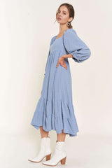 Blue Striped 3/4 Cinched Sleeve Tiered Midi Dress