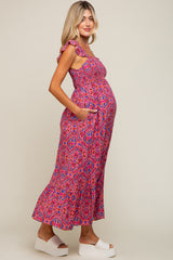 Magenta Printed Smocked Maternity Maxi Dress