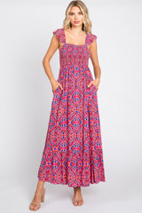 Magenta Printed Smocked Maternity Maxi Dress