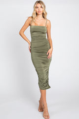 Olive Ruched Side Slit Maternity Midi Dress