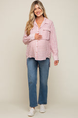 Mauve Plaid Front Pocket Hi-Low Maternity Top