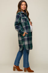 Green Plaid Fleece Maternity Long Shirt Jacket