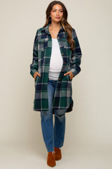 Green Plaid Fleece Maternity Long Shirt Jacket