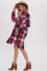 Pink Plaid Fleece Long Shirt Jacket