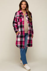 Pink Plaid Fleece Maternity Long Shirt Jacket