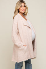 Beige Fuzzy Knit Draped Maternity Cardigan