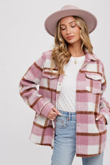 Mauve Plaid Fleece Maternity Shirt Jacket