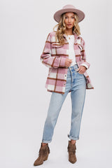 Mauve Plaid Fleece Shirt Jacket