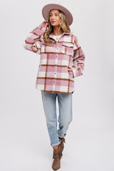 Mauve Plaid Fleece Shirt Jacket