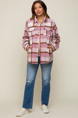 Mauve Plaid Fleece Maternity Shirt Jacket